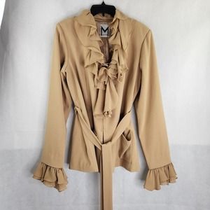 Marc Bouwer Tan Sheer Detachable Ruffle Front  Sleeve Jacket Zip Up Lined